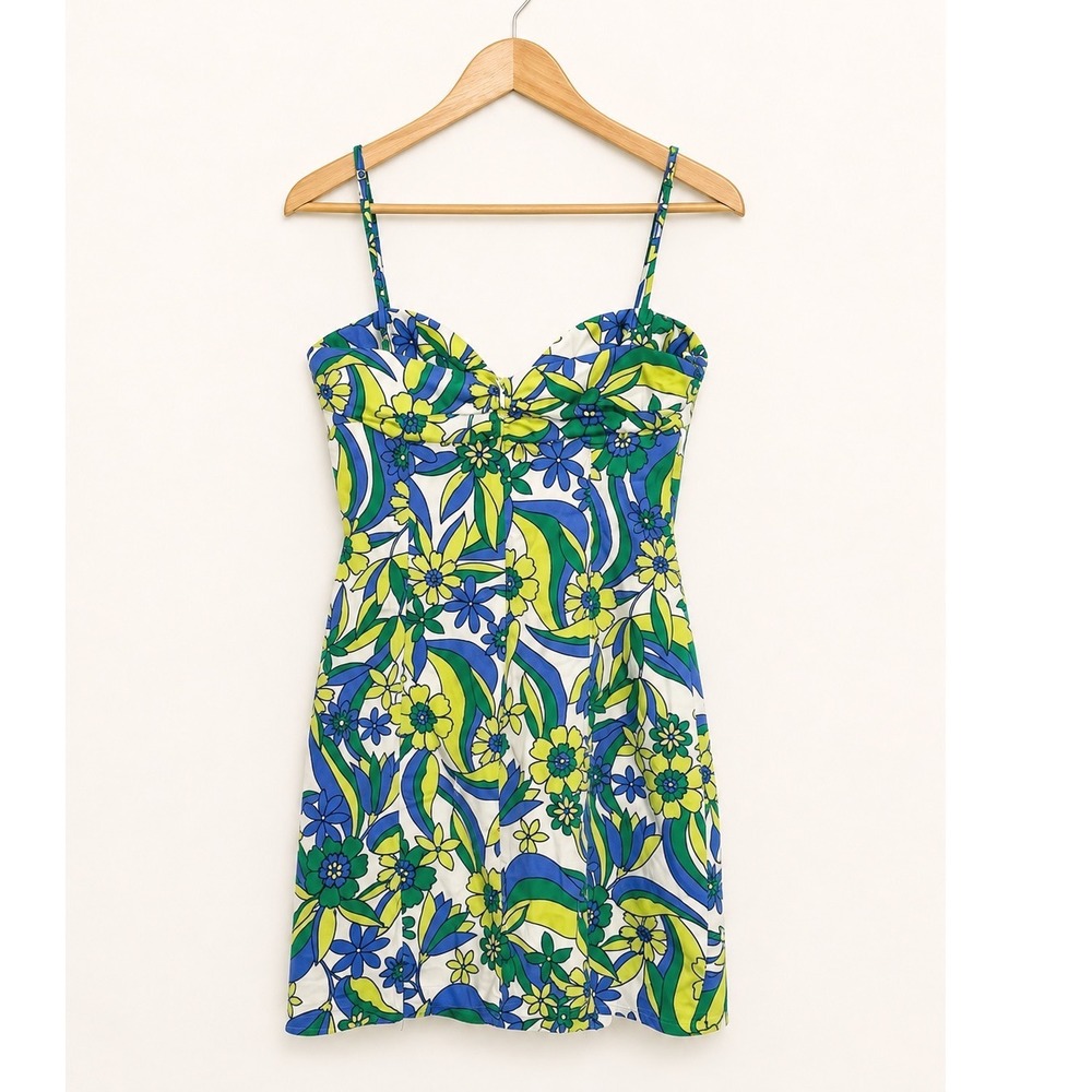 Zara‎ Womens Floral Cutout Mini Dress Blue Green Yellow Psychedelic Retro Size M